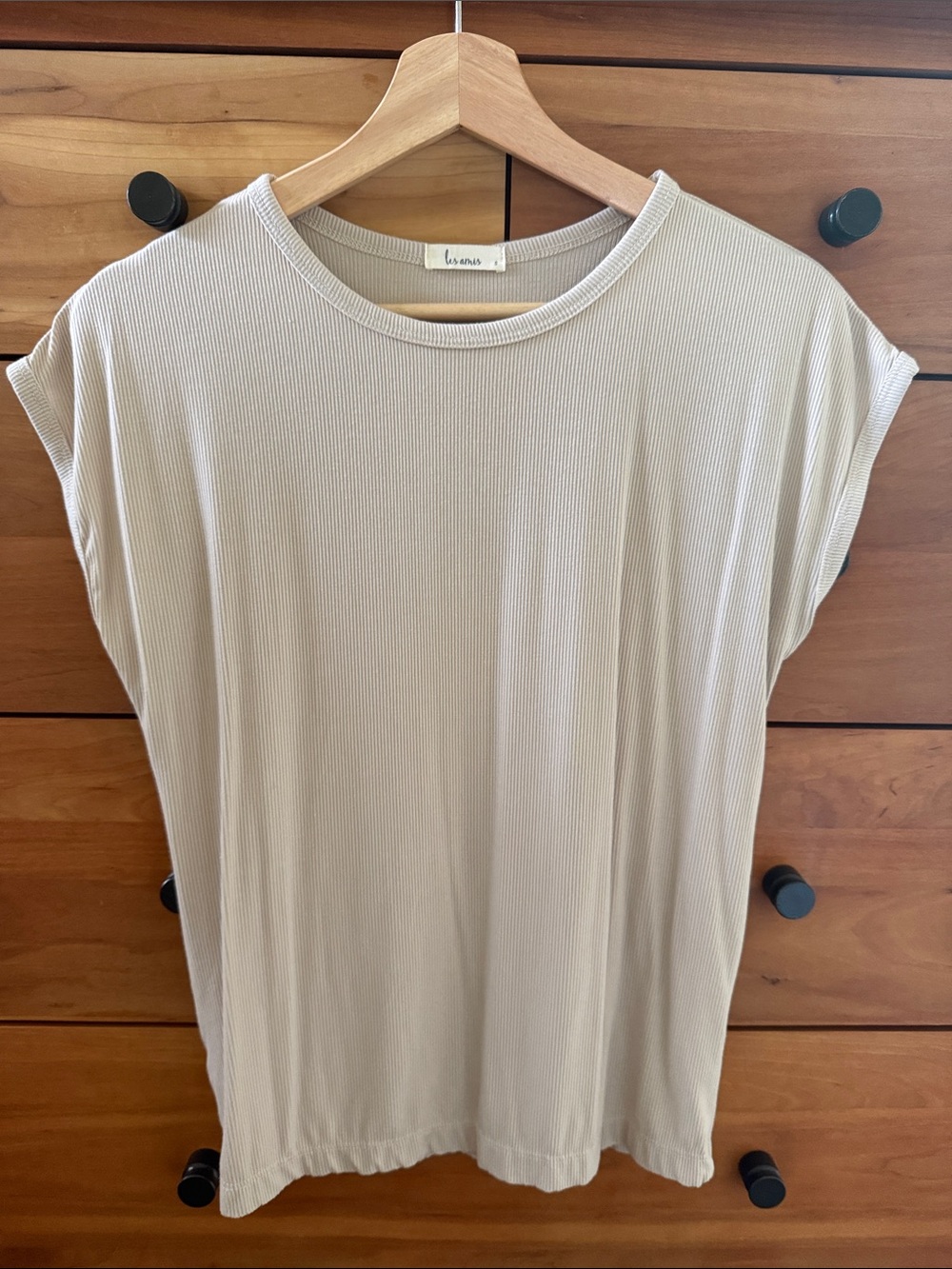 Les Amis Washed Taupe Ribbed Cap-Sleeve Women's Top Size S